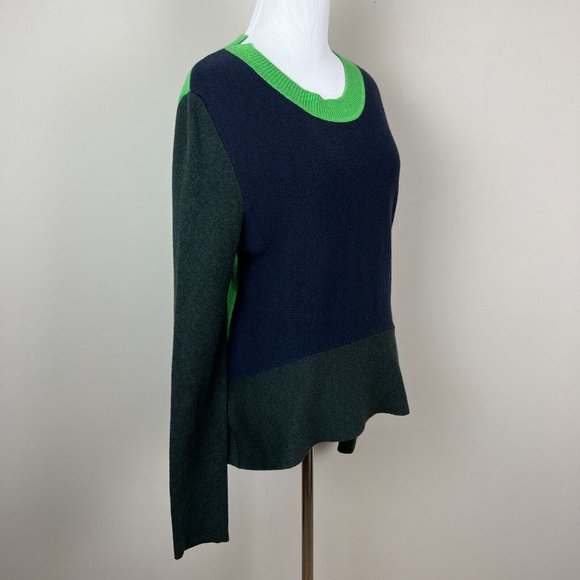 Tome Sweater Women Large Navy Green Colorblock Merino Wool Cotton Slit Peplum - Picture 4 of 15